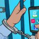 buatkan gambar close up ilustrasi pelaku pencurian HP. Gambar ilustrasi dua tangan diborgol sambil pegang smart phone