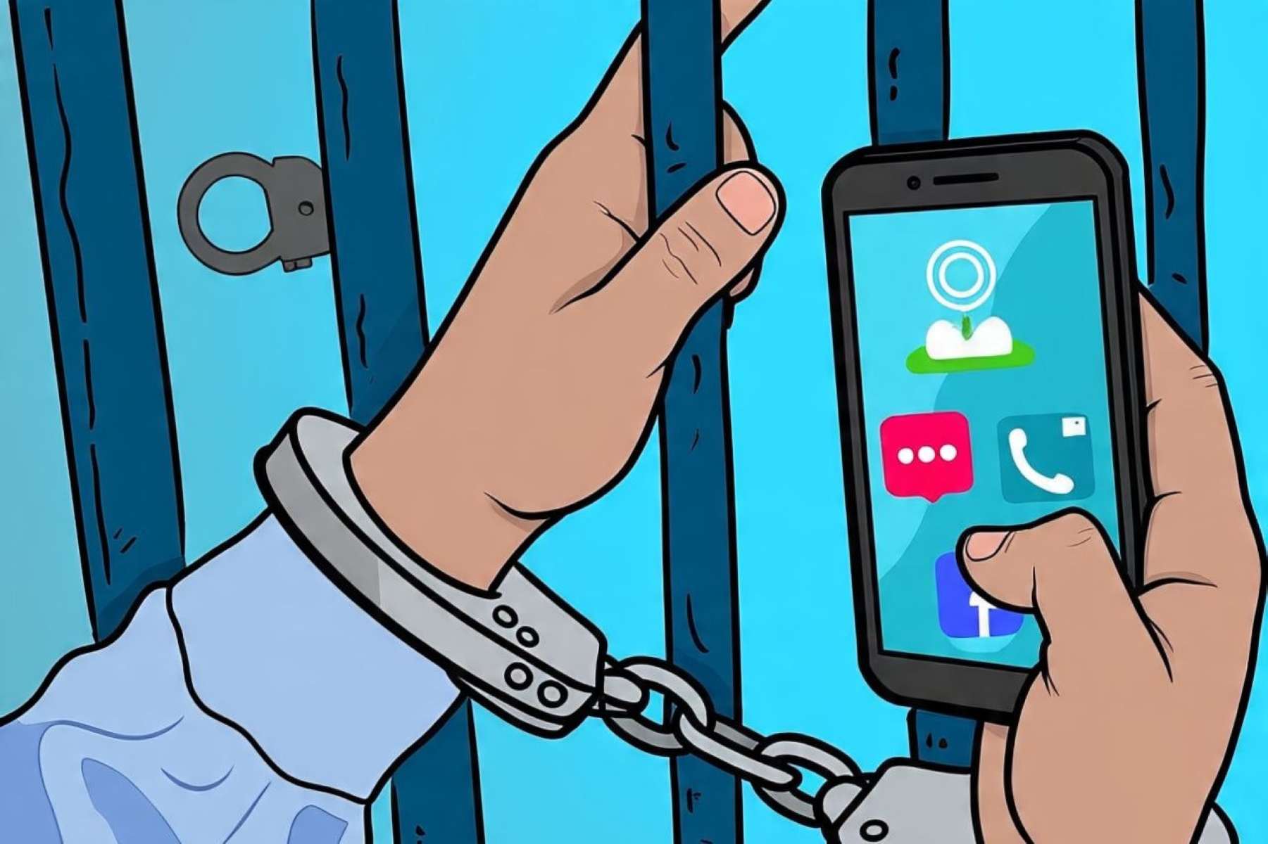 buatkan gambar close up ilustrasi pelaku pencurian HP. Gambar ilustrasi dua tangan diborgol sambil pegang smart phone